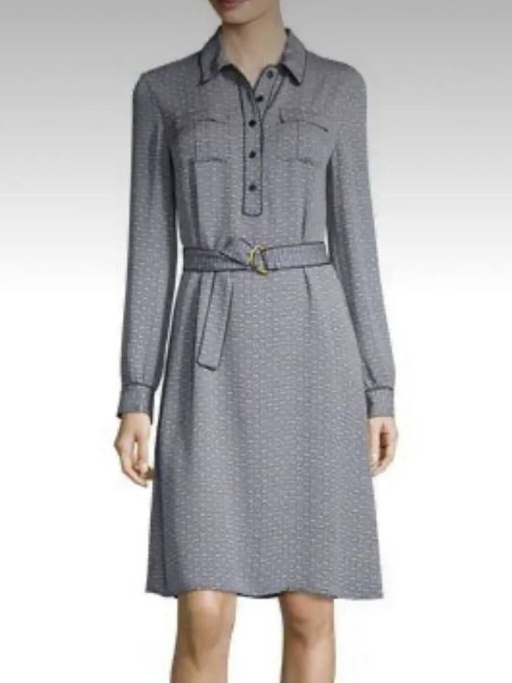 Tory Burch "Riley" Silk Shirtdress — Navy/Cream Geometric Print, Size 12